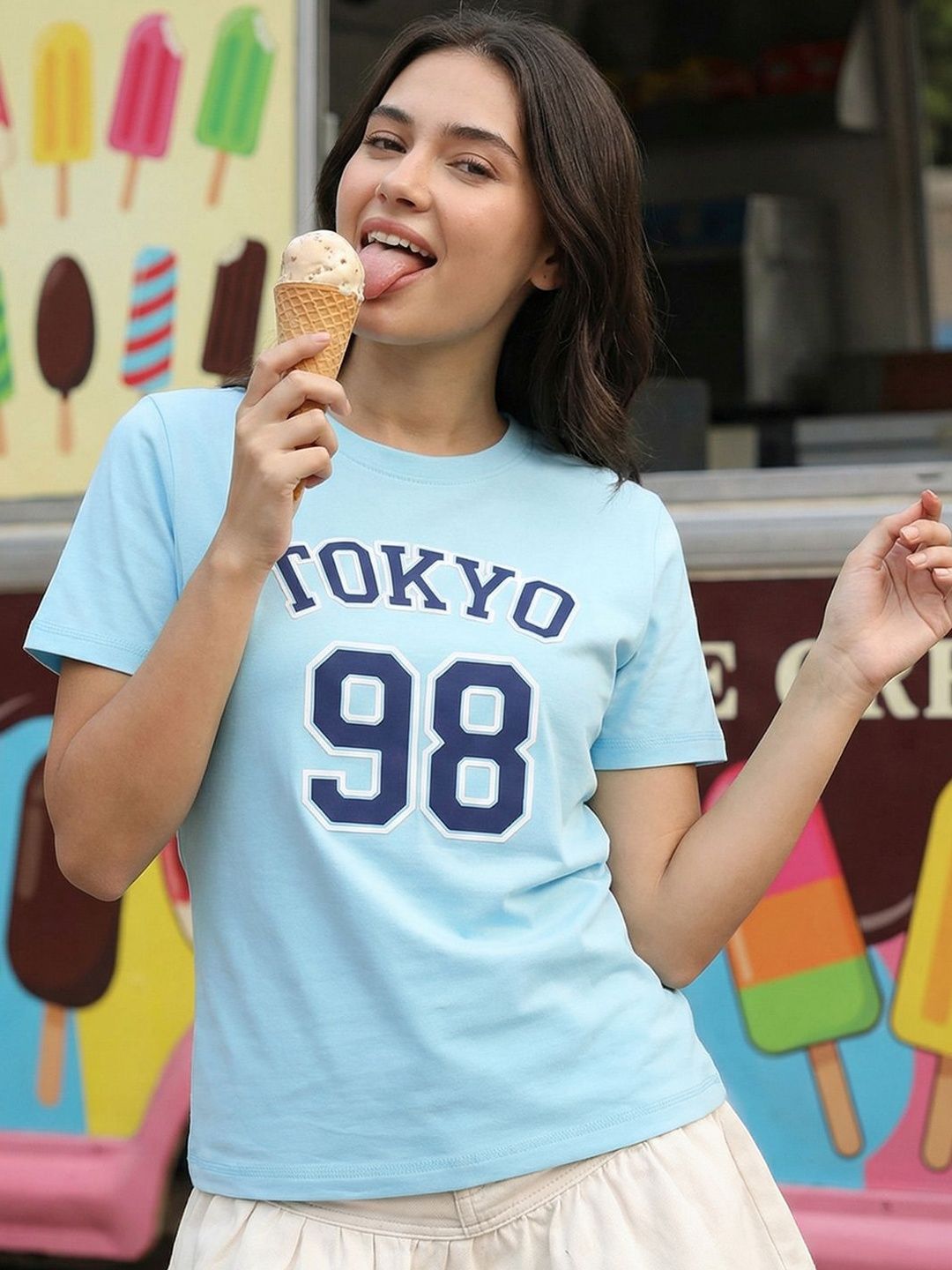 Bewakoof Women's Plume Blue Tokyo 98 Typography T-shirt