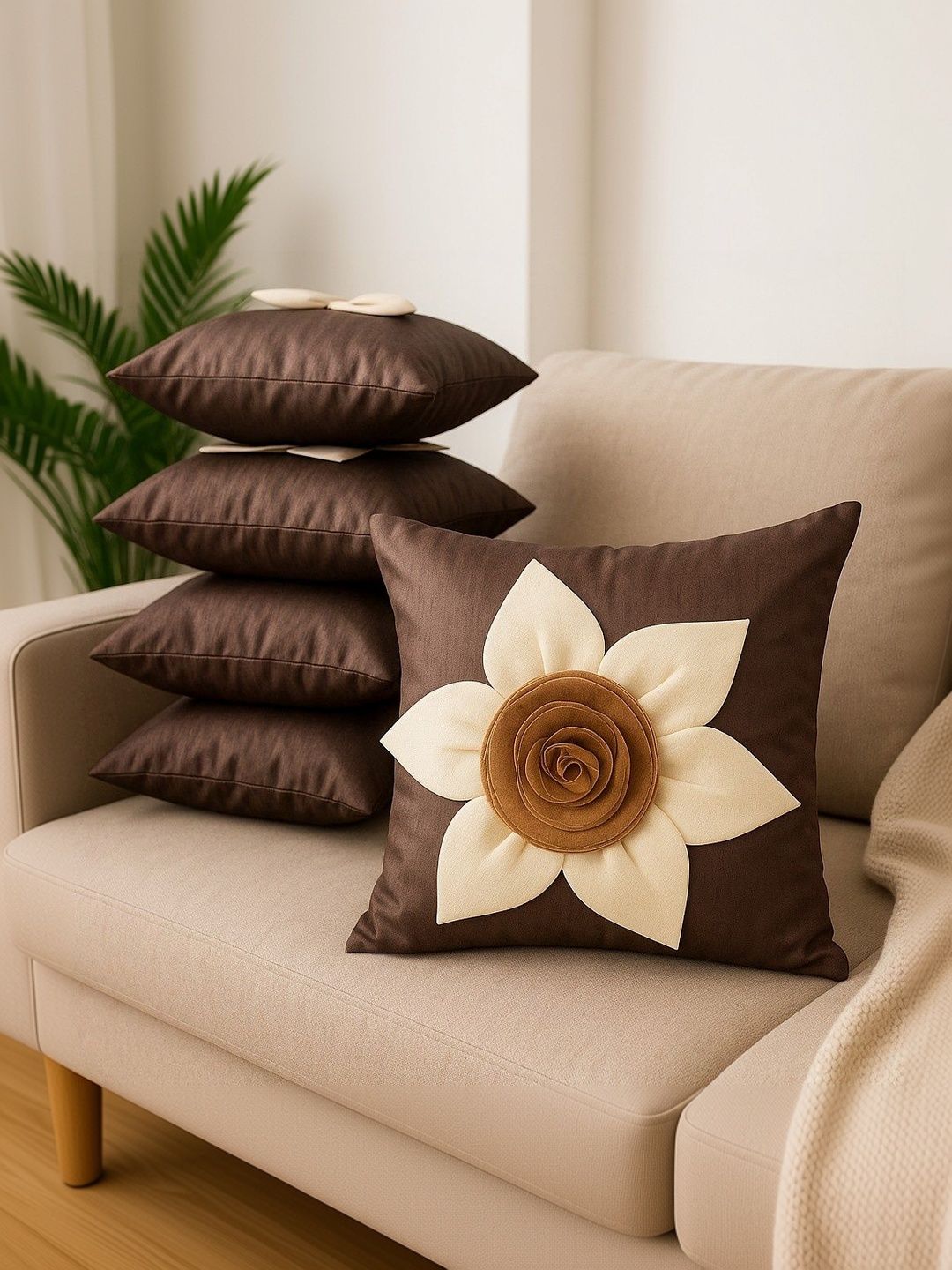 LOFEY Brown Set of 5 Floral Square Cushion Covers