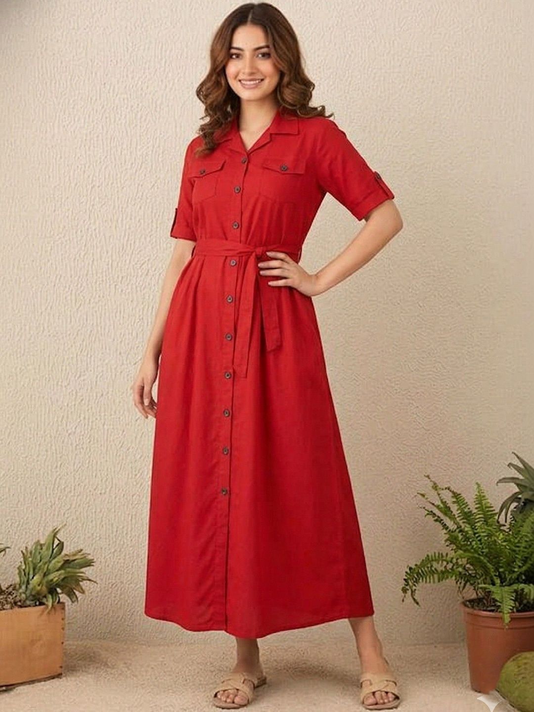 NewlookAs Viscose Rayon Solid Shirt Maxi Dress