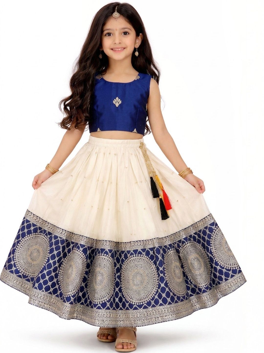 MAMERU Girls Embroidered Block Print Ready to Wear Lehenga &