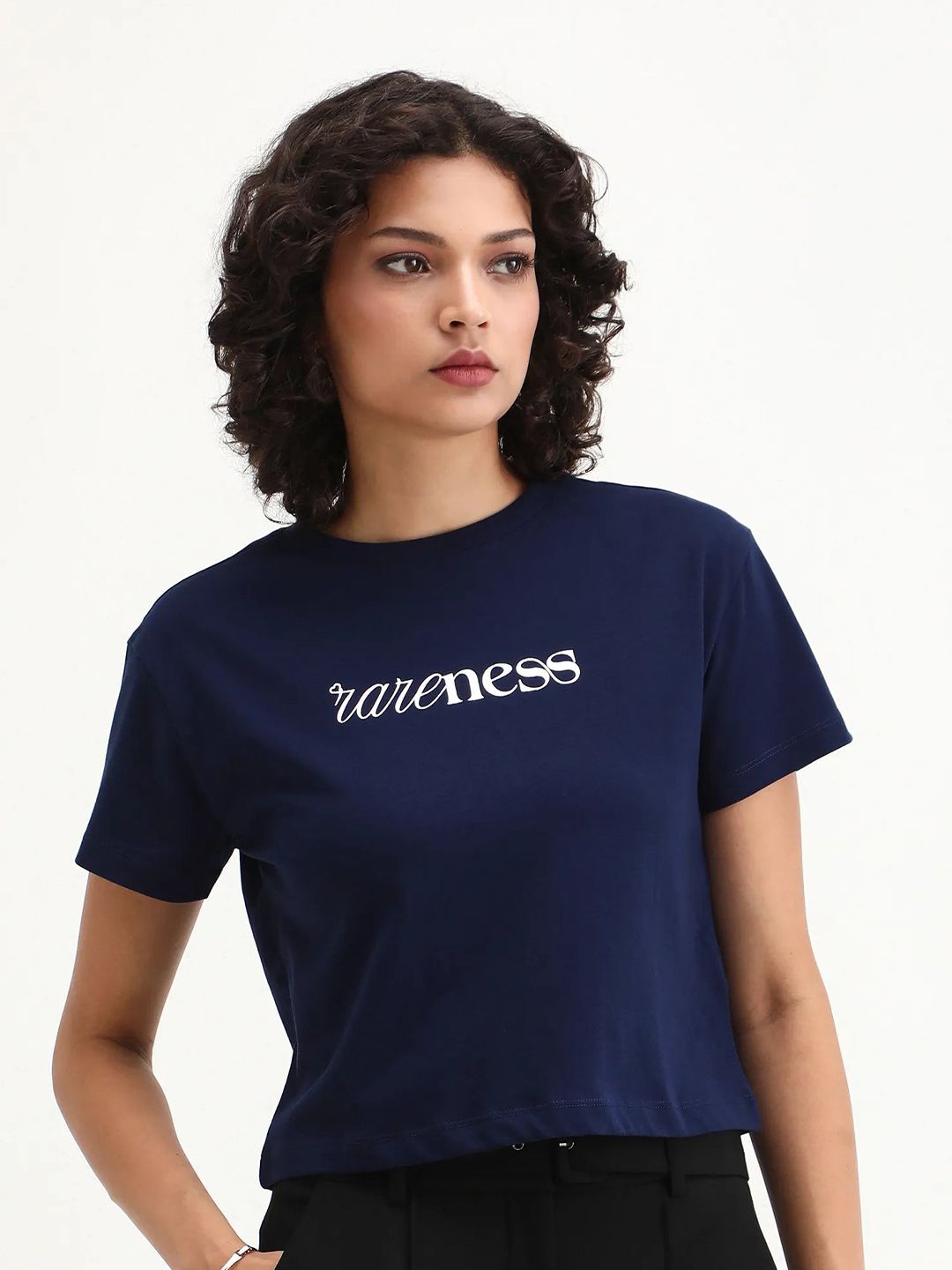 RAREISM Women Navy Typography Print Regular Fit Half Sleeve Crew Neck T-Shirt