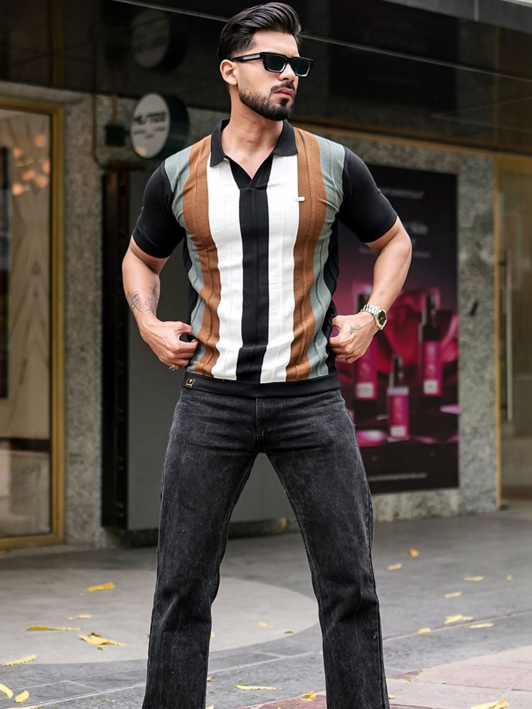 Hamercop Brown With Black Candy Stripe Knitted Cotton Polo T-Shirt