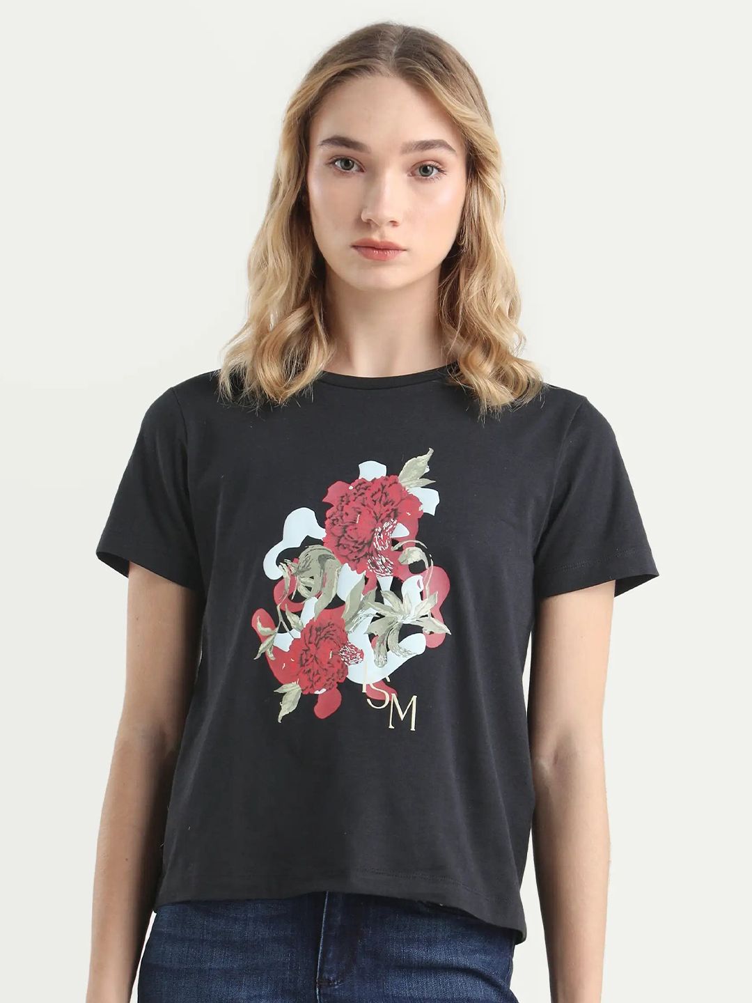 RAREISM Women Black Graphic Print Regular Fit Half Sleeve Crew Neck T-Shirt