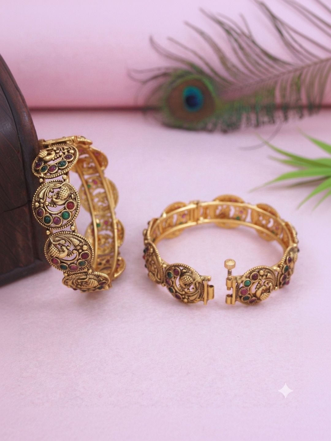 Buy VRINDHA Set Of 2 Gold Plated Temple Stone Studded & Beaded Bangles -  - Accessories for Women