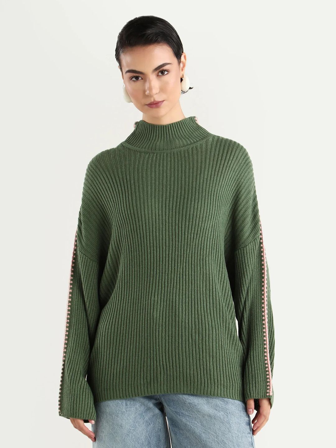 RAREISM Cassiopiea Primary Olive Ribbed Cardigan