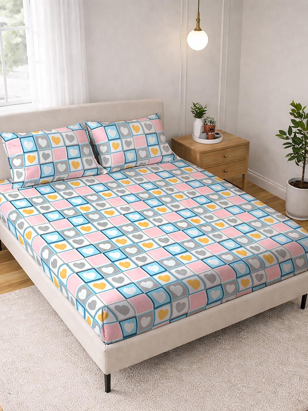 FABINALIV White & Blue Geometric Print 300 TC Fitted Super King Bedsheet & 2 Pillow Covers