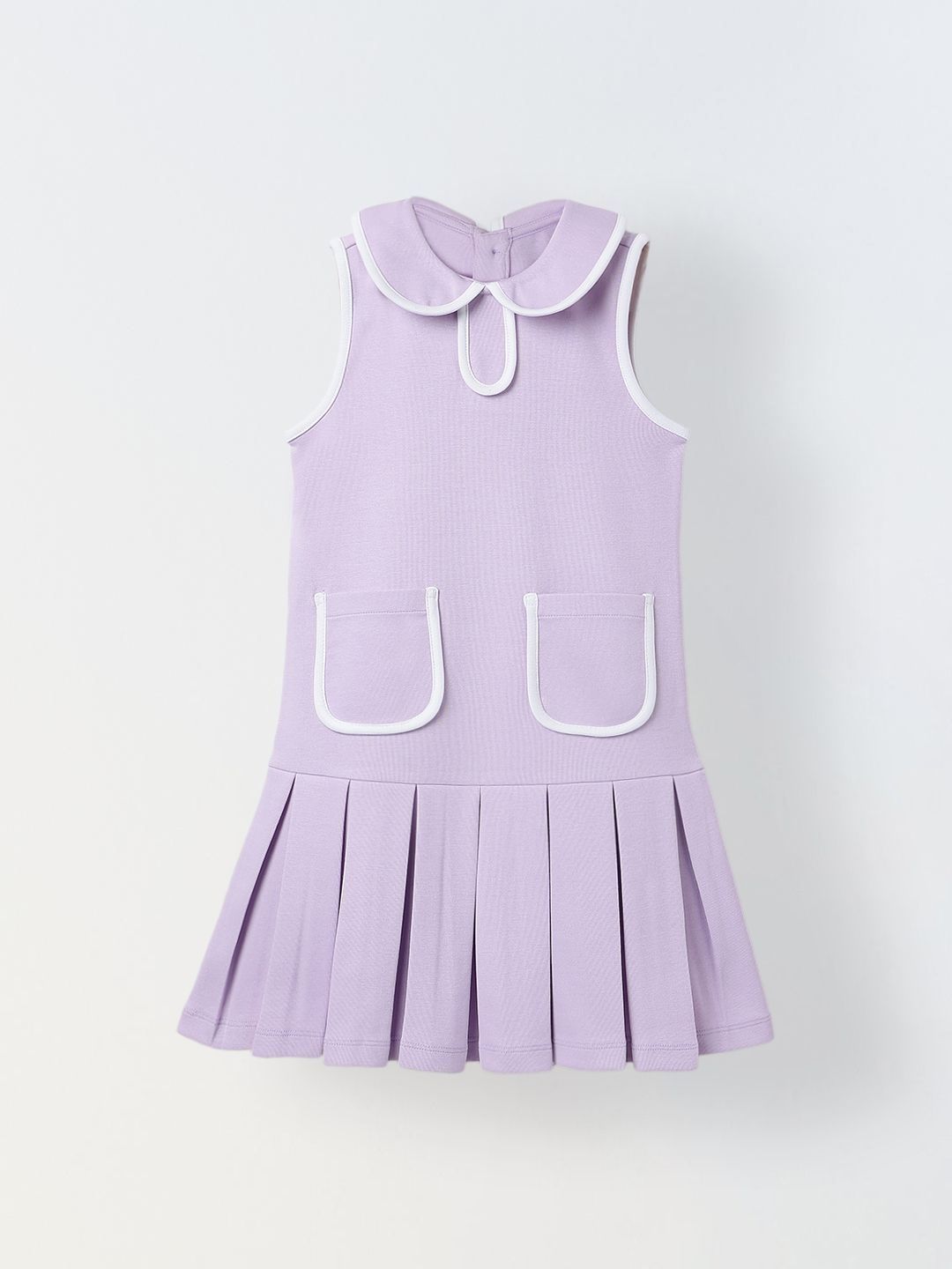 Purple Girls Solid Peter Pan Collar Sleeveless Pleated A-Line Dress