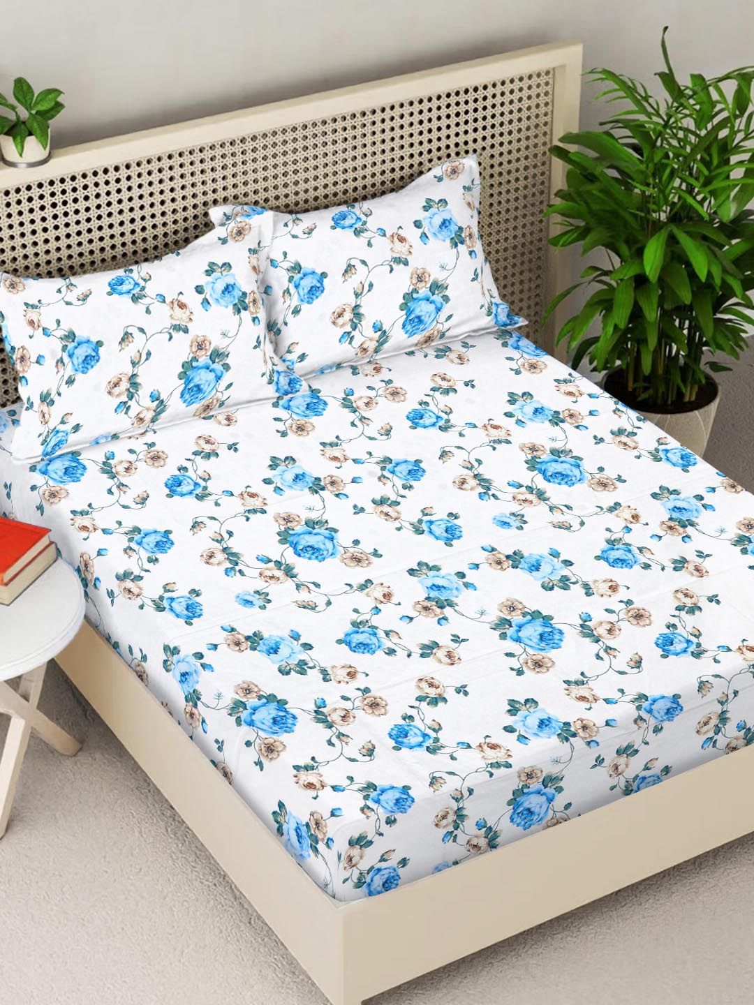 Myntra Elegant Homes White Floral Polycotton Skin-Friendly 300 TC Fitted King Fine Bedsheet with 2 Pillow Covers-98 x 89 inches