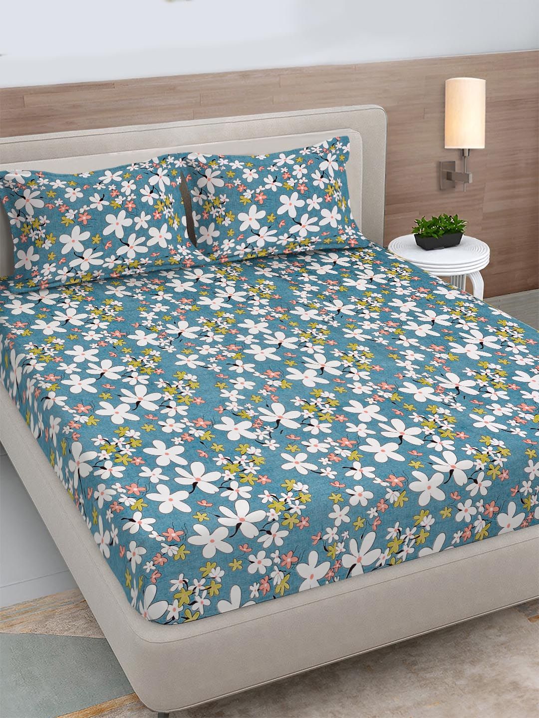 Buy Myntra Elegant Homes Blue & White Floral 300 TC Fitted Super King Bedsheet Set 2.7mX2.7m -  - Home for Unisex