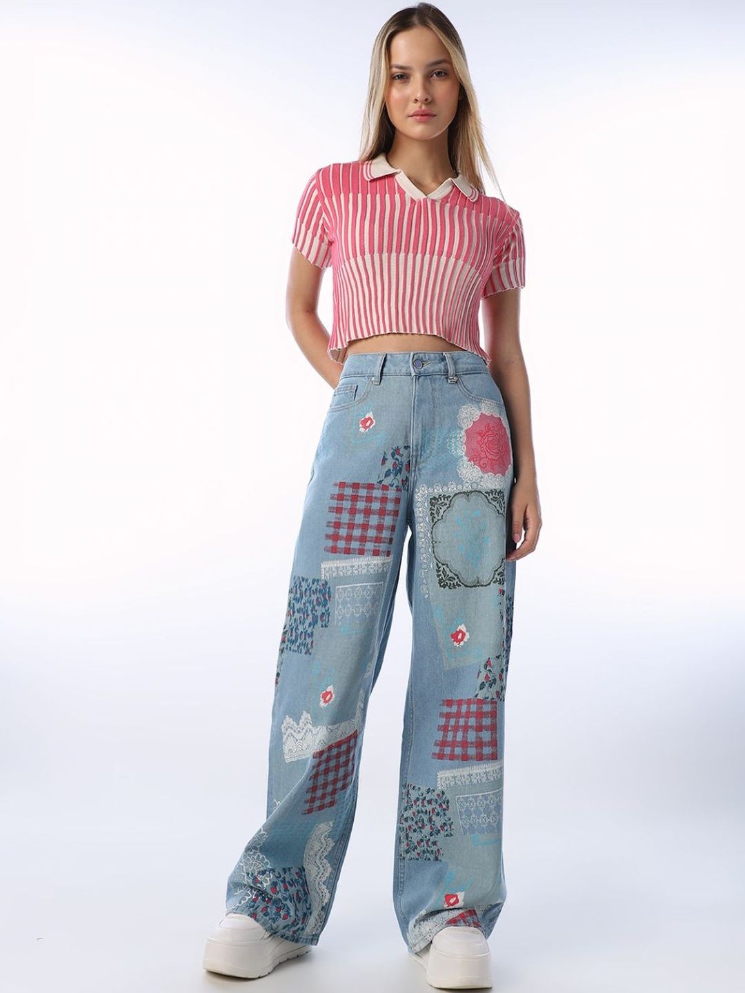 ONLY Women Self Design Wide Leg Blue Jeans