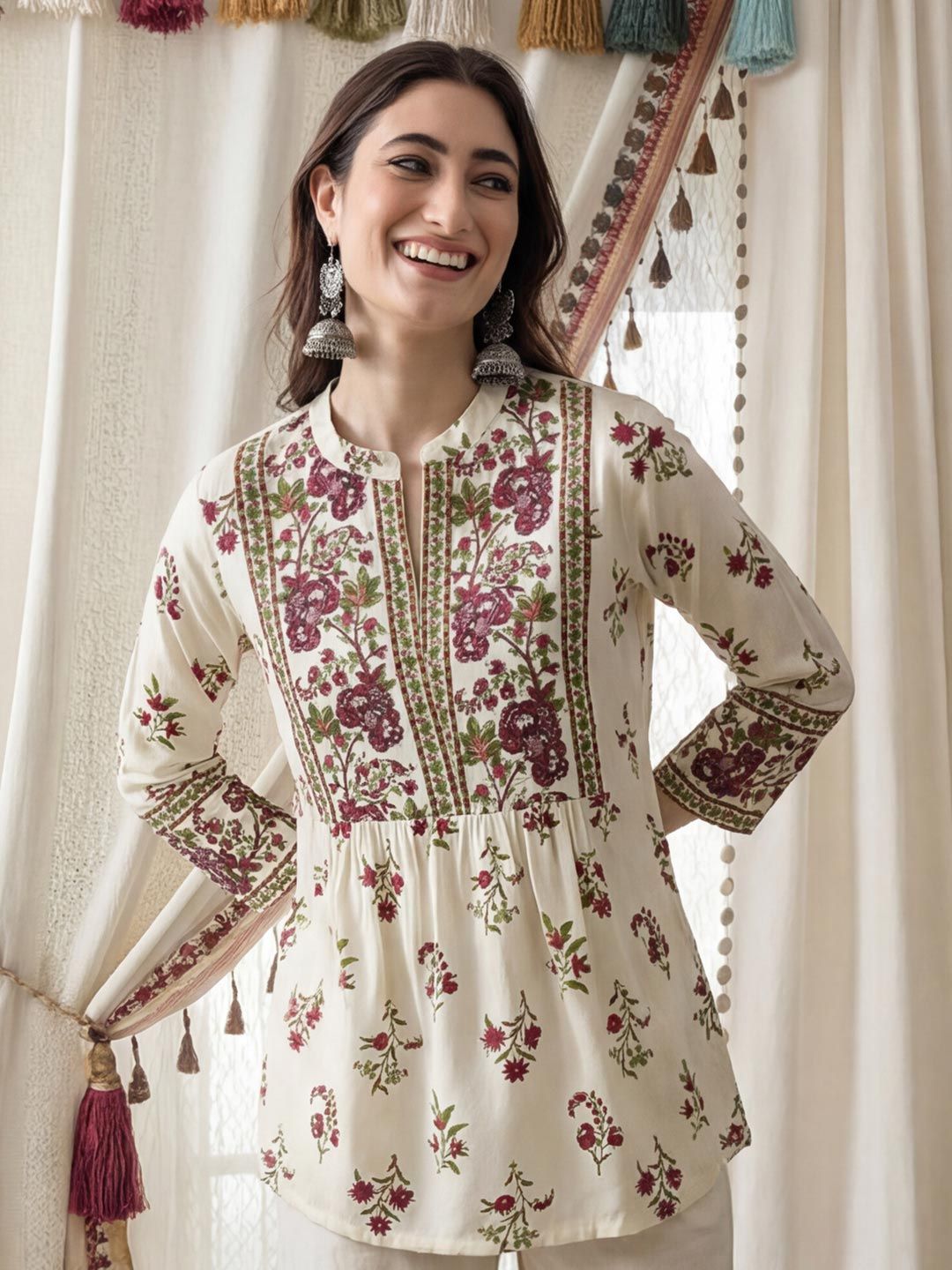 Anouk Floral Print Mandarin Collar Top