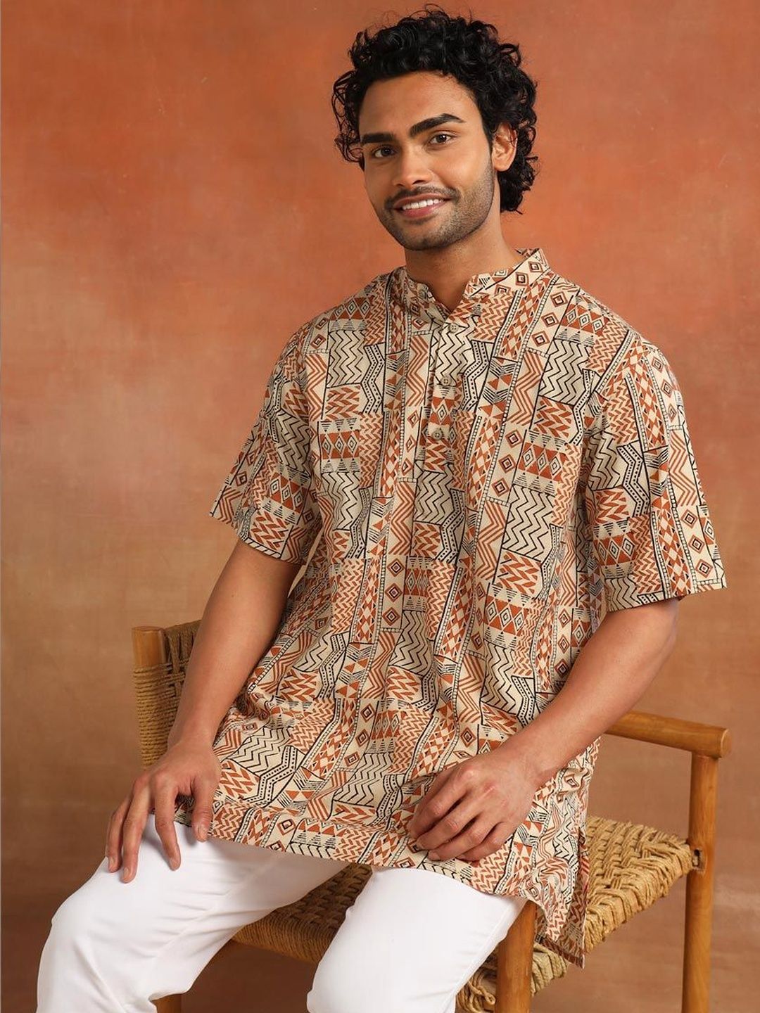 Fabindia Men Geometric Printed Mandarin Collar Cotton Kurta