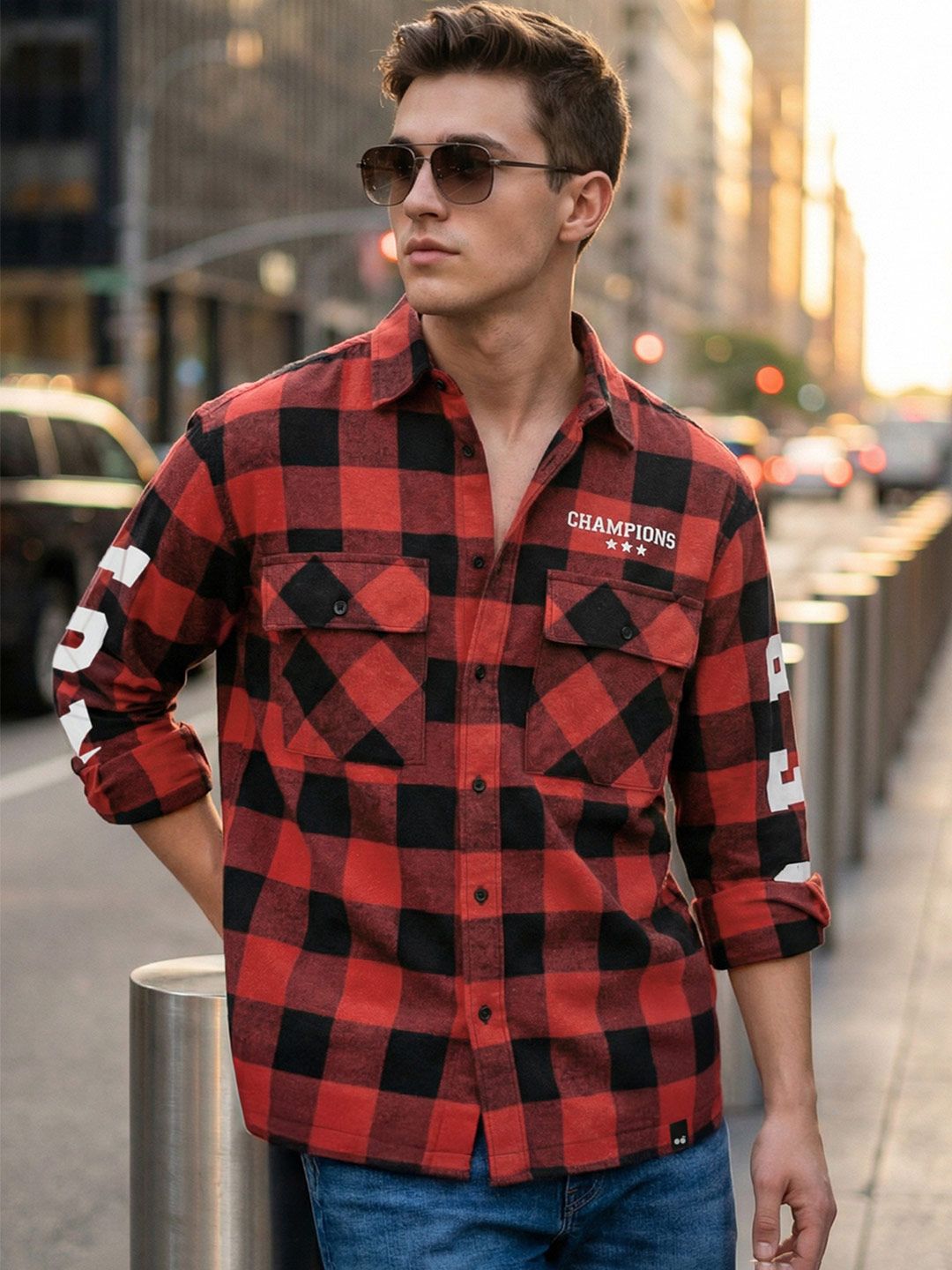 Bewakoof Men's Red & Black Reb Checked Oversized Shirt