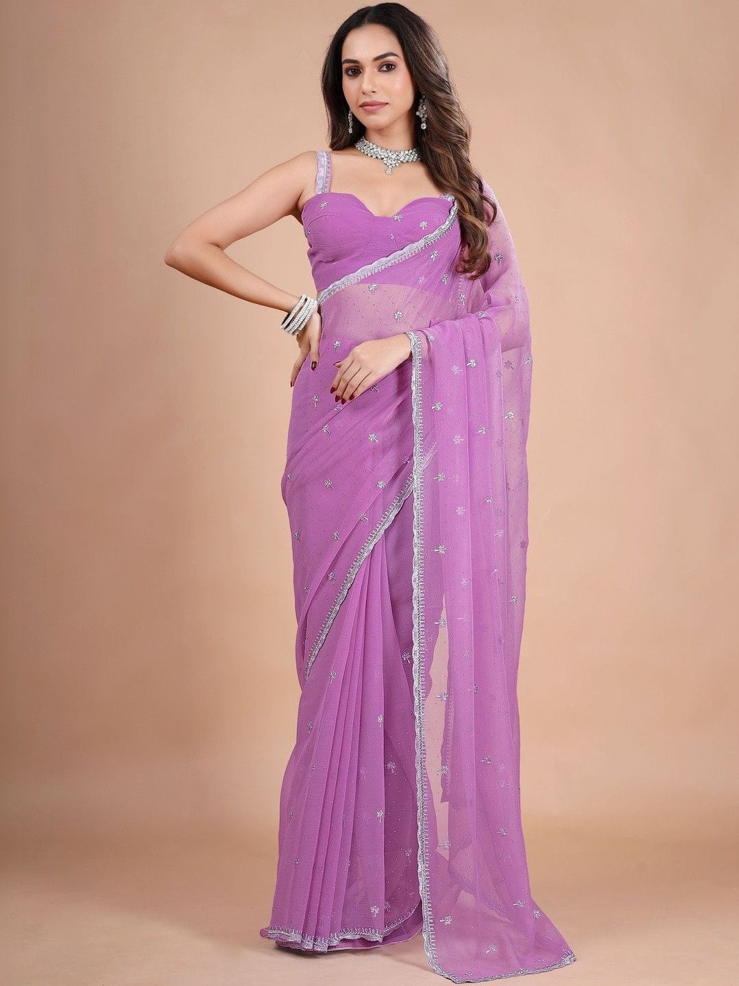 KALINI Embellished Sequinned Pure Chiffon Saree