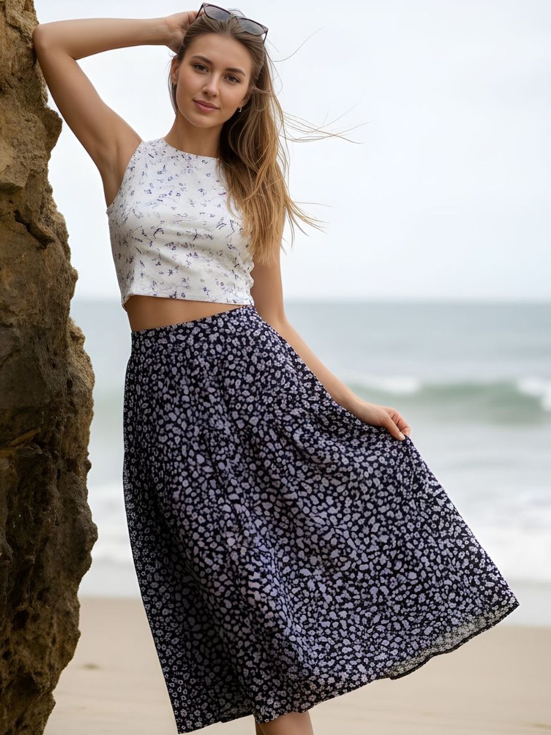 Sera Women Floral Micro or Ditsy Print Midi A-Line Skirt