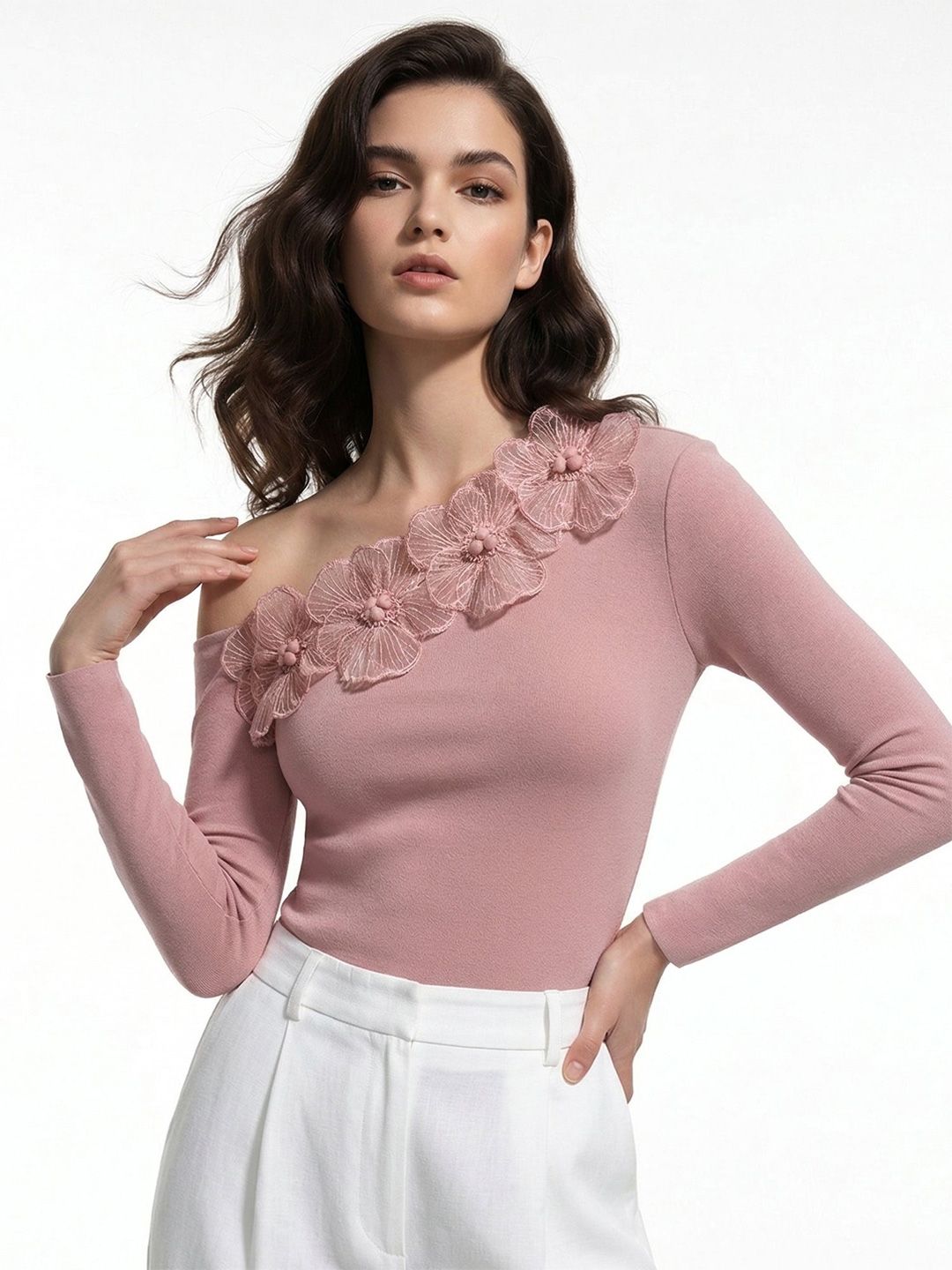 Pink Off-Shoulder Top With Floral Embellishments 4