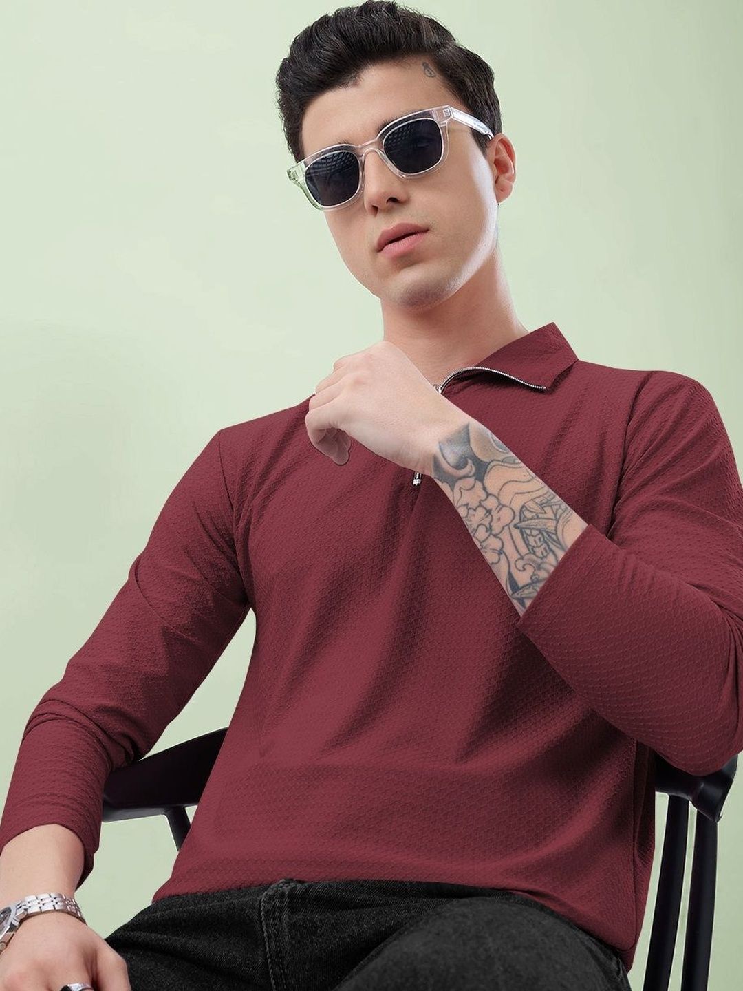 MODALEN Men Self Design Regular Fit Polo Collar T-shirt
