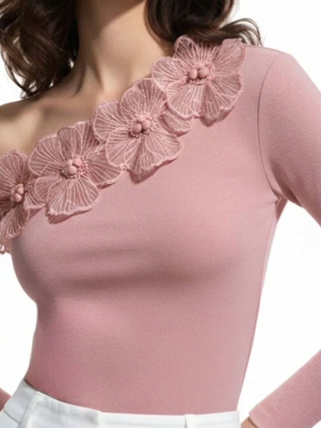 Pink Off-Shoulder Top With Floral Embellishments 2