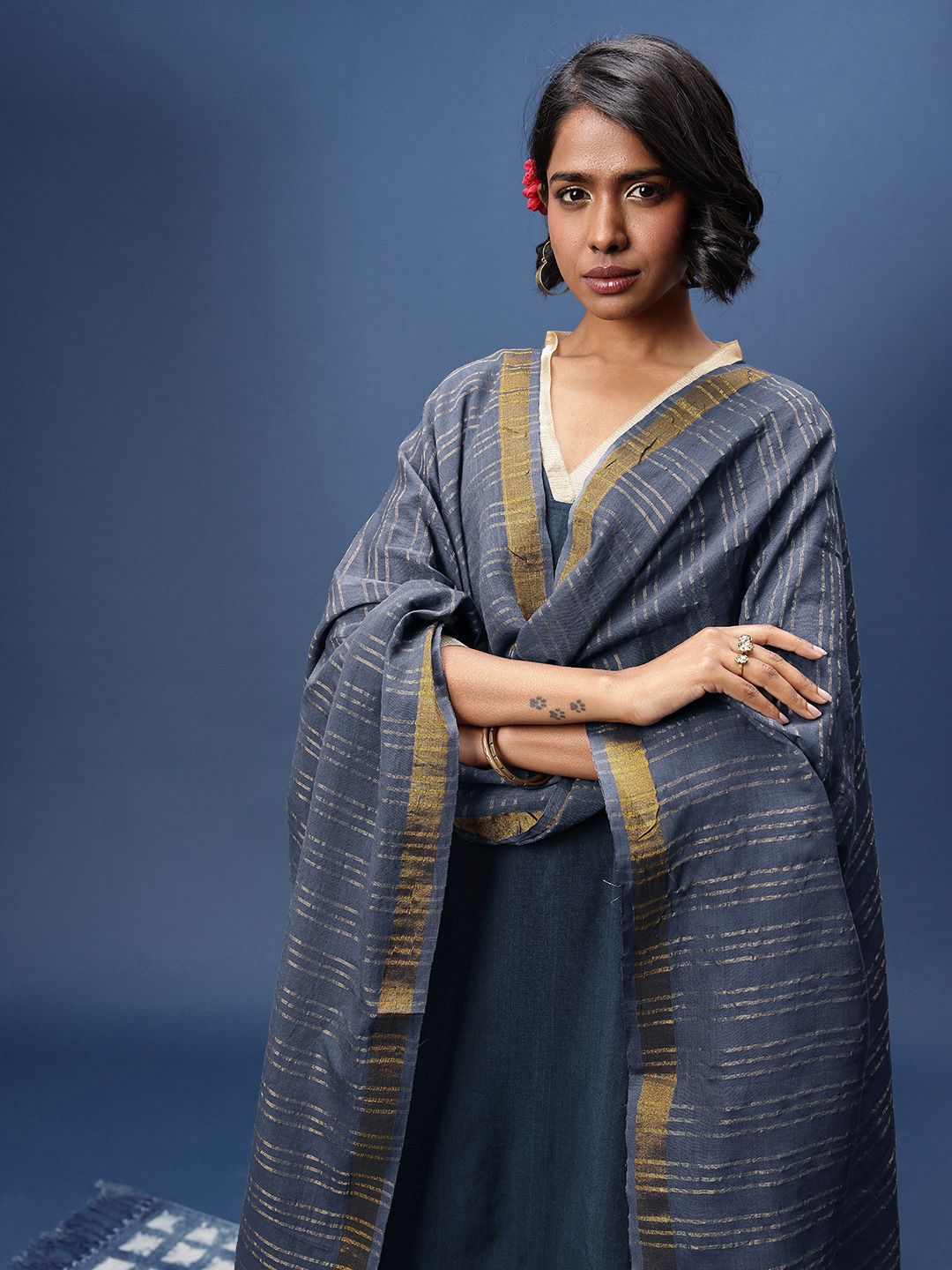 Taavi Festive Crafted Checked Straight Kurta with Skirt & Dupatta