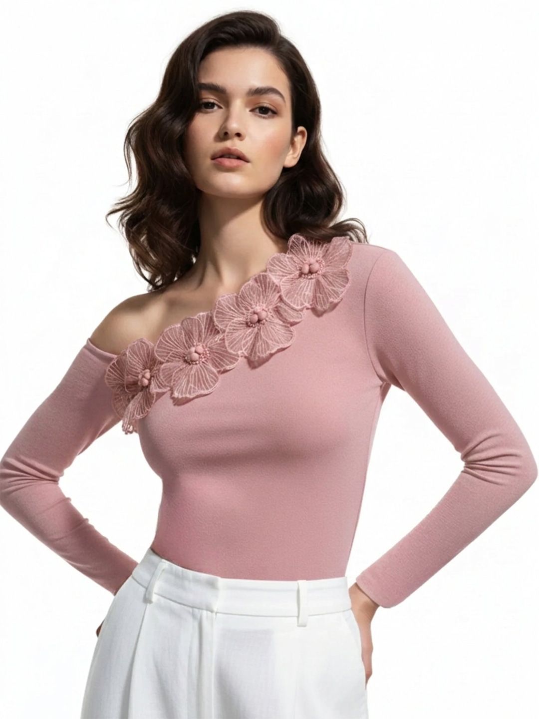 Pink Off-Shoulder Top With Floral Embellishments