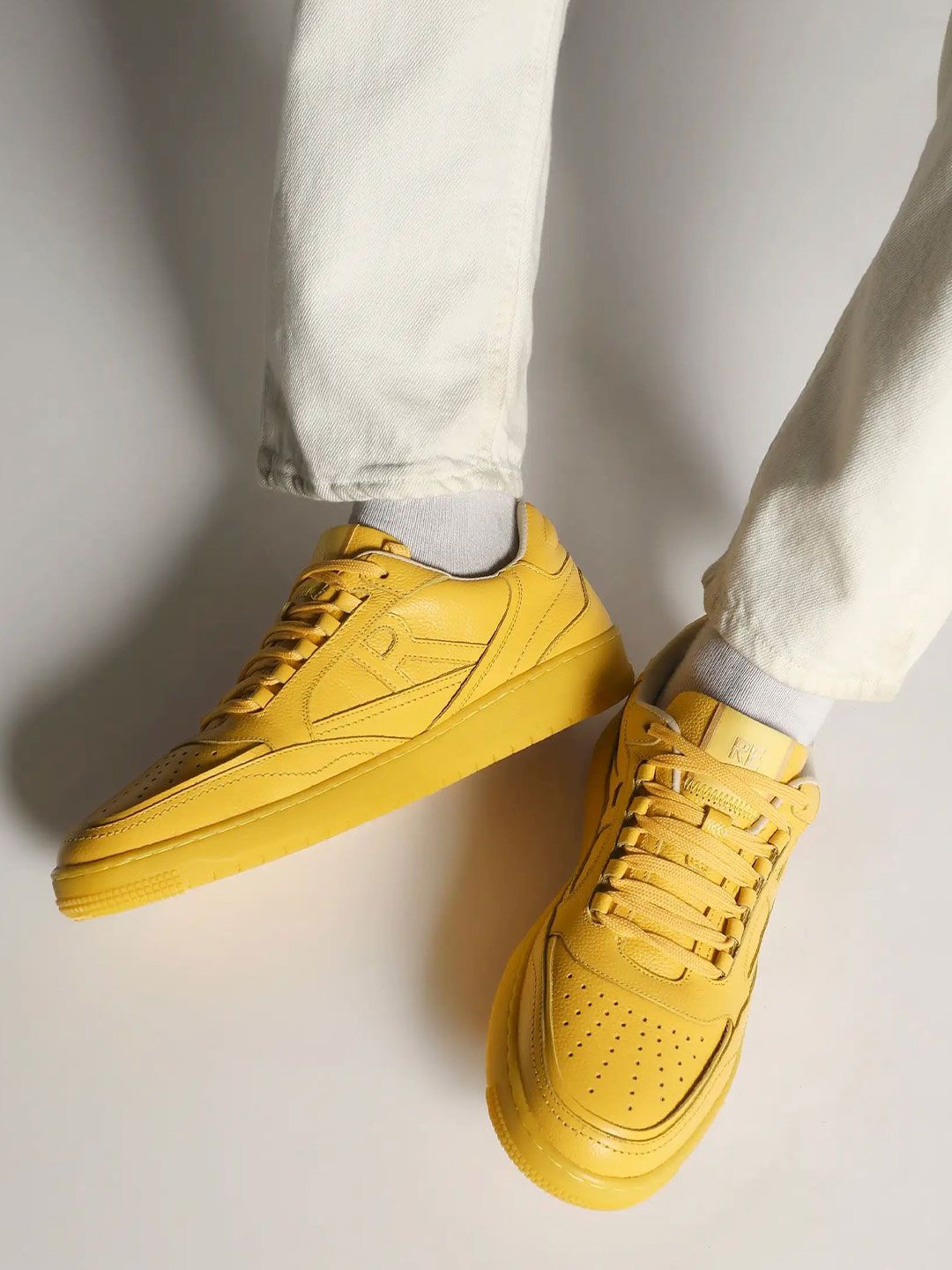 RARE RABBIT Men Inferno Lite Primary Yellow Leather Sneakers
