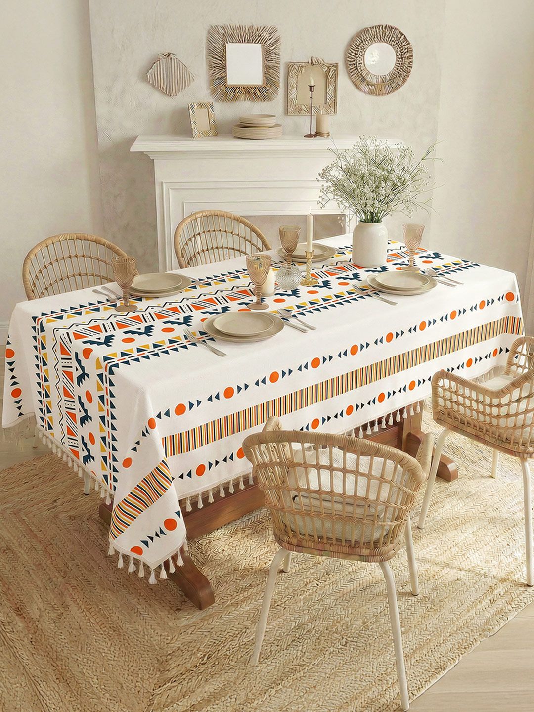 Buy URBAN SPACE White & Blue Geometric Printed Pure Cotton 4 Seater Table Cover -  - Home for Unisex