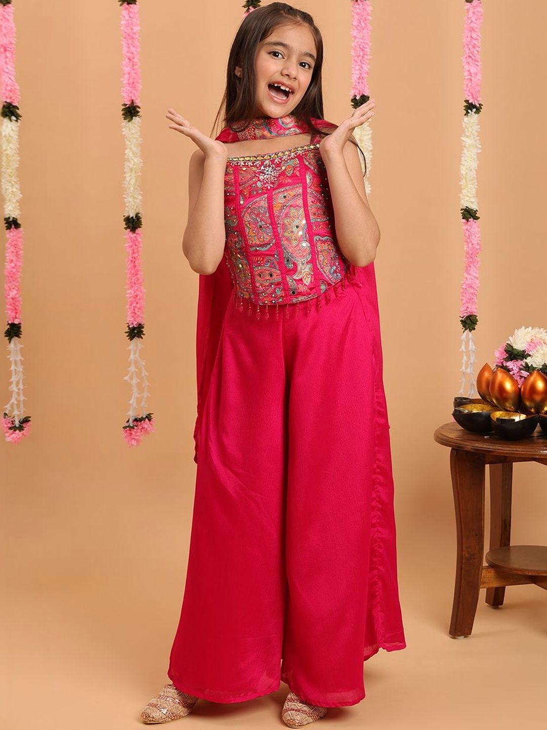 Buy Tiny Kingdom Girls Floral Embroided Top & Palazzo With Dupatta -  - Apparel for Girls
