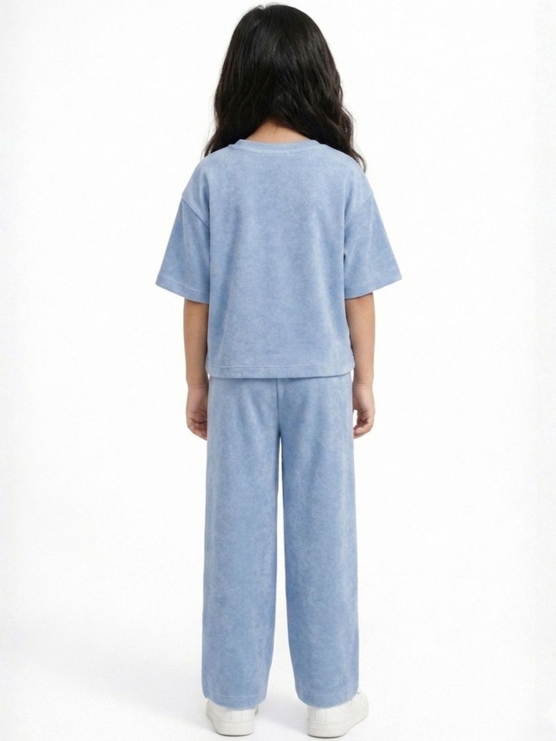 Kids Girls Light Blue Solid Short Sleeve Cotton Clothing Set 2