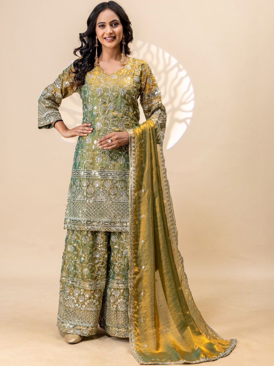 HAMSIKA Women Ethnic Motifs Embroidered Regular Sequinned Kurta with Sharara & With Dupatta