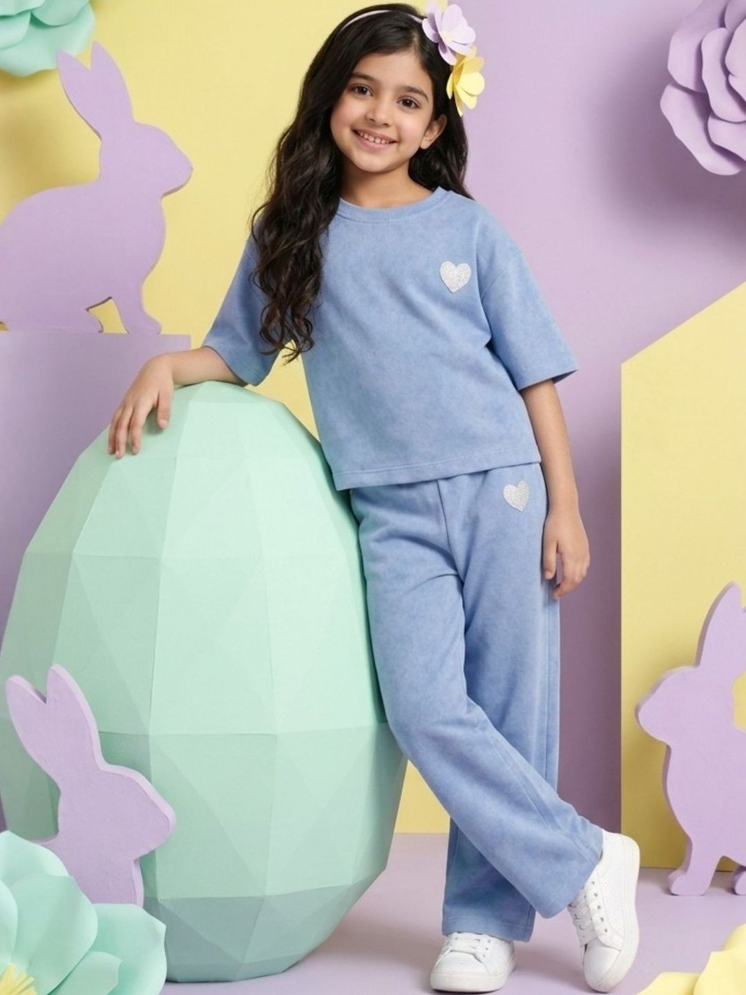 Kids Girls Light Blue Solid Short Sleeve Cotton Clothing Set 5