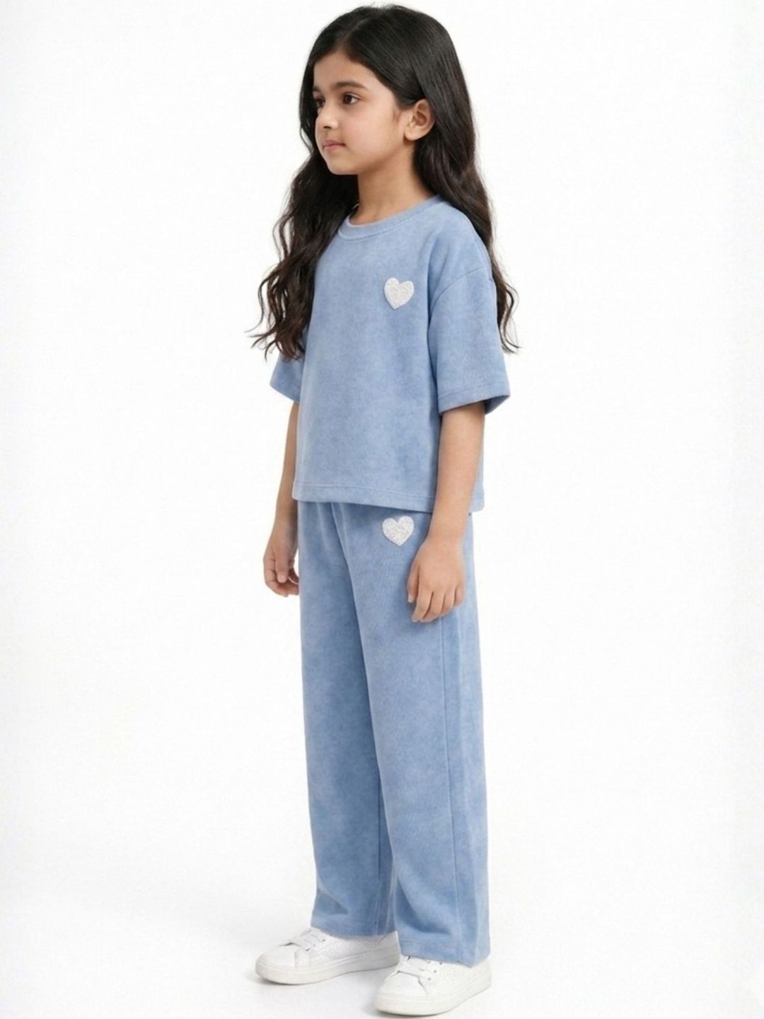 Kids Girls Light Blue Solid Short Sleeve Cotton Clothing Set 3