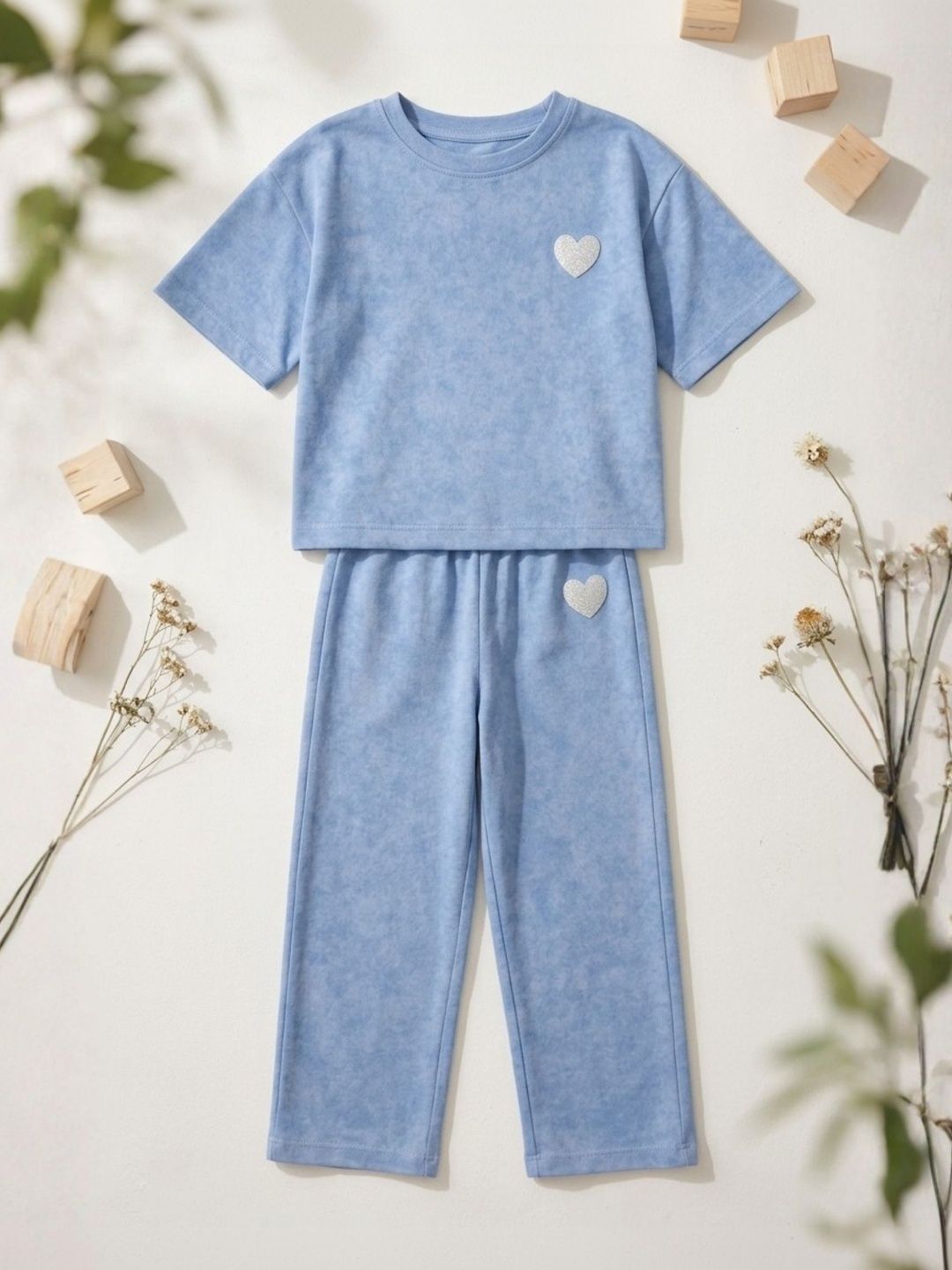 Kids Girls Light Blue Solid Short Sleeve Cotton Clothing Set 4