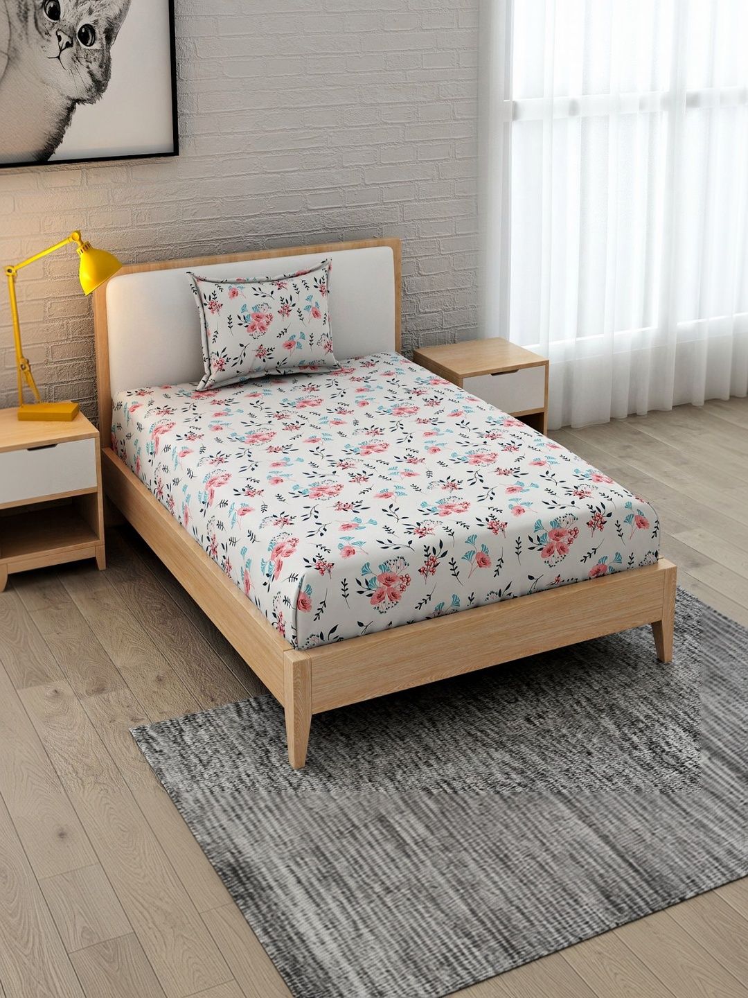 Homefab India White & White Floral 210 TC Single Bedsheet with 1 Pillow Covers
