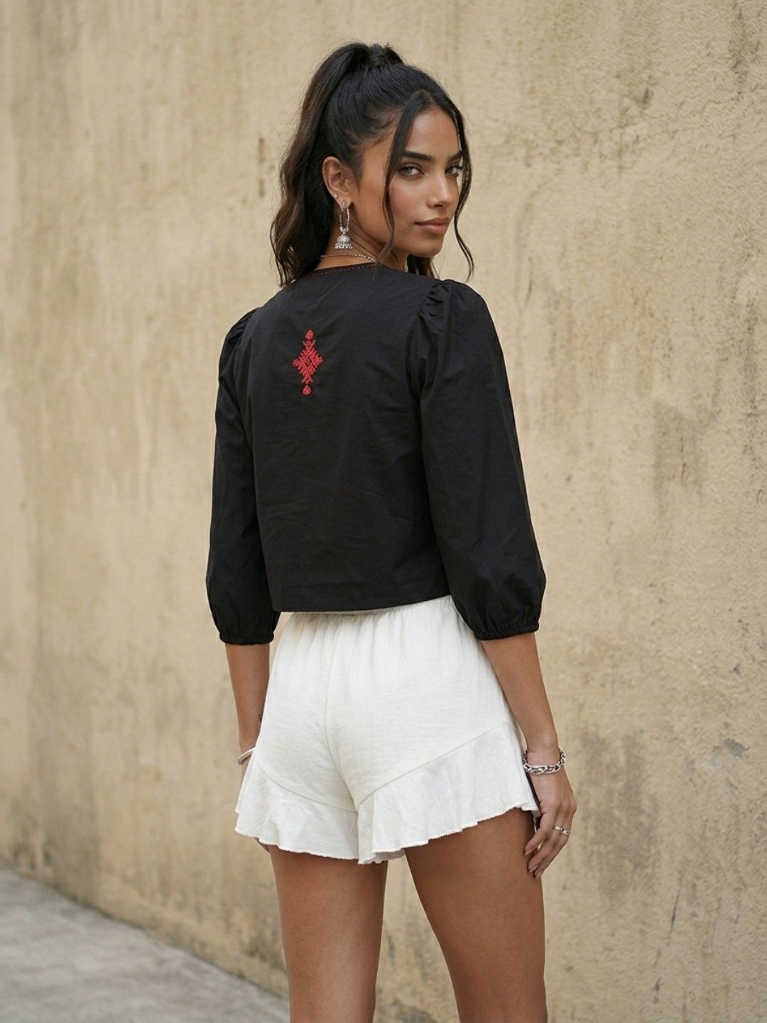 fusion by glitchez Puff Sleeves Embroidered Detail Crop Casual Shirt