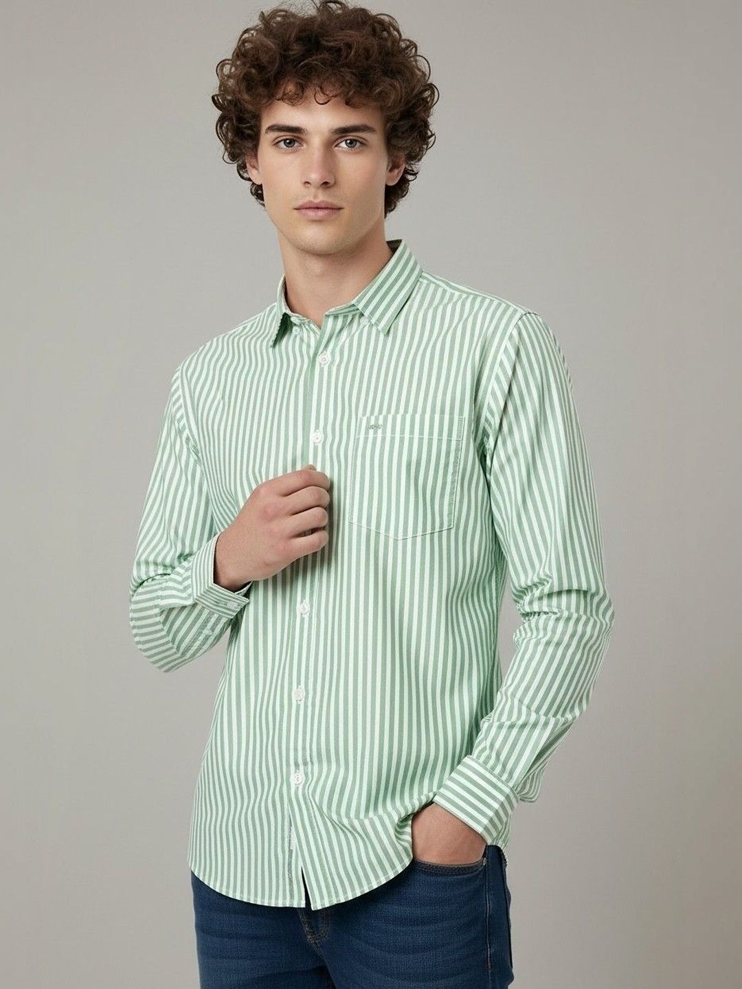 Green Vertical Stripes Regular Fit Casual Shirt