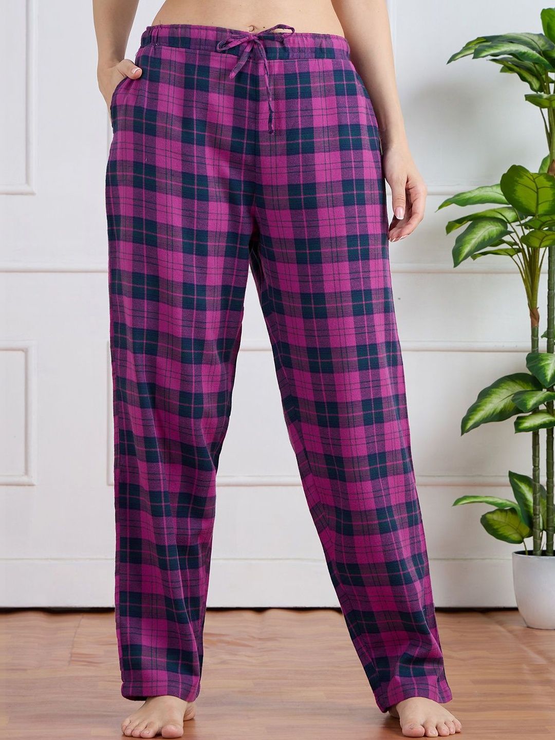 ETC Checked Cotton Mid-Rise Straight Lounge Pants