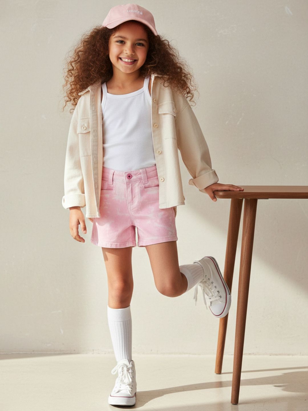 TALES & STORIES Girls Pink Washed Regular Fit Mid-Rise Above Knee Cotton Shorts
