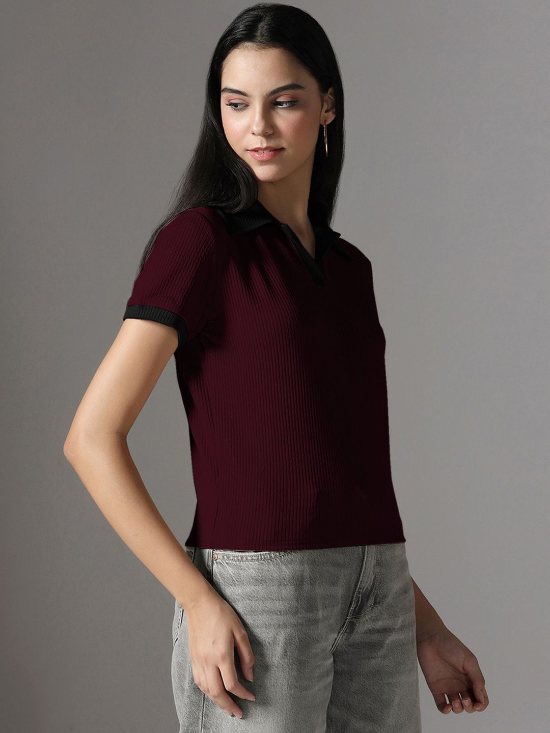 Short Sleeve Maroon Collar Top 6