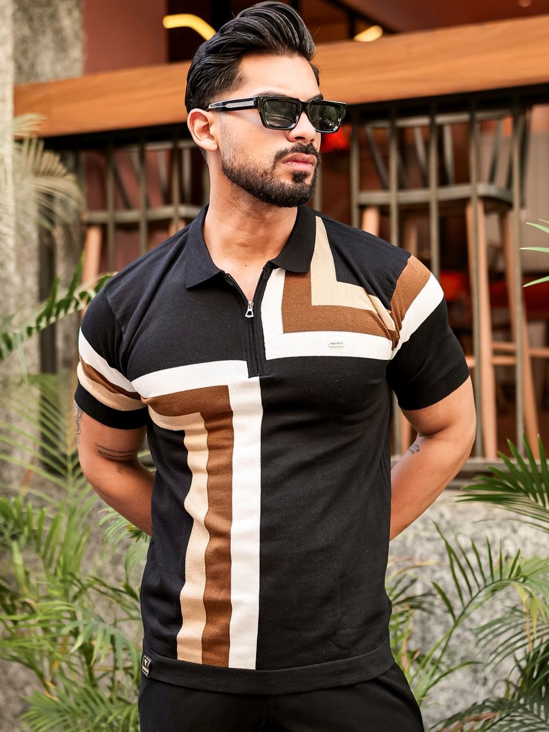 Hamercop Black Knitted Cotton Zipper Polo Designer T-Shirt