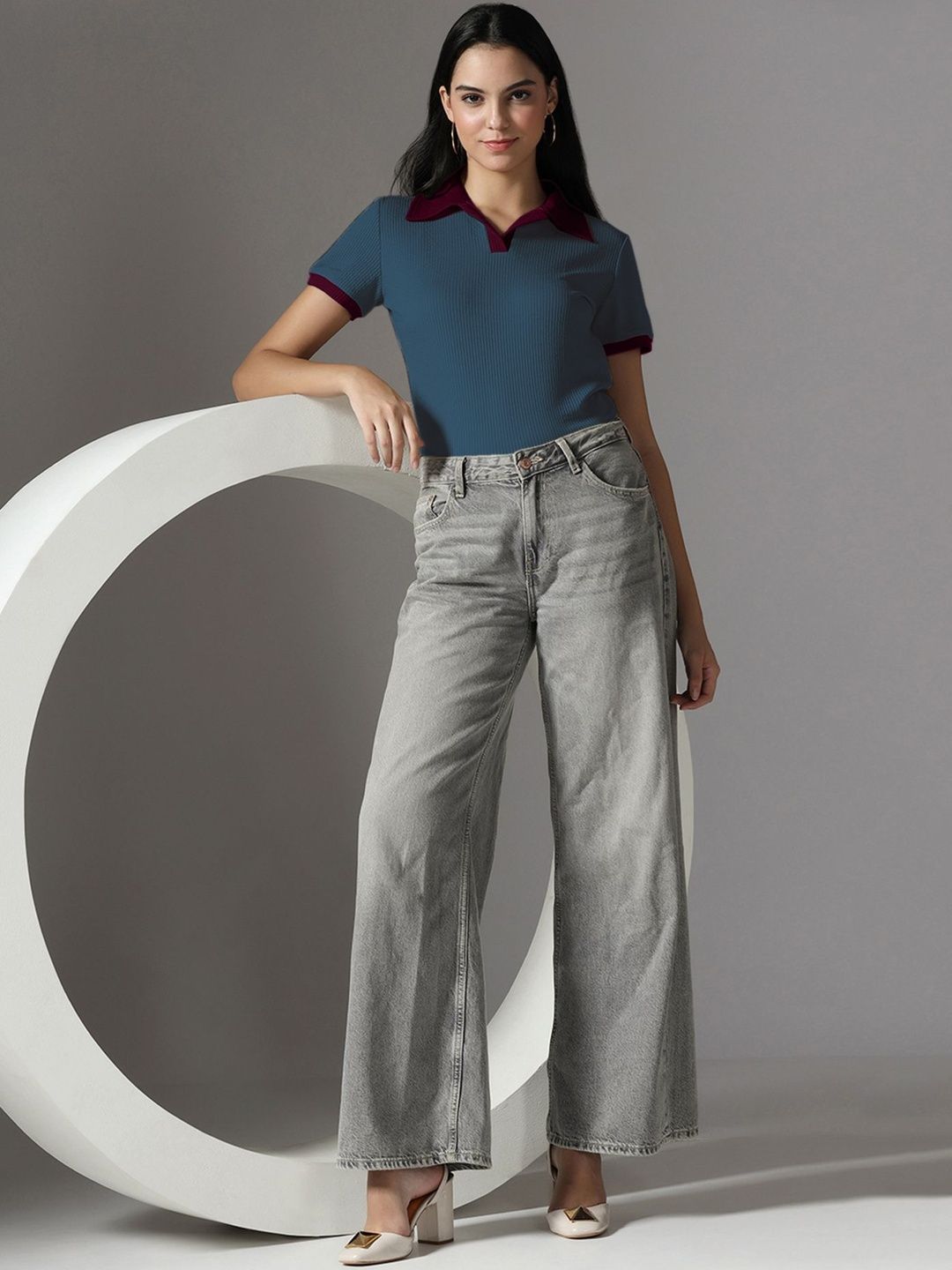 Short Sleeve Dusty Blue Collar Top 7