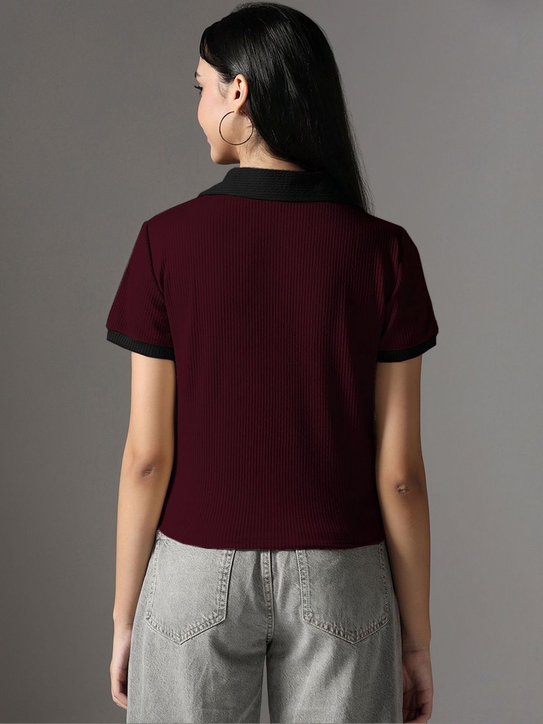 Short Sleeve Maroon Collar Top 2