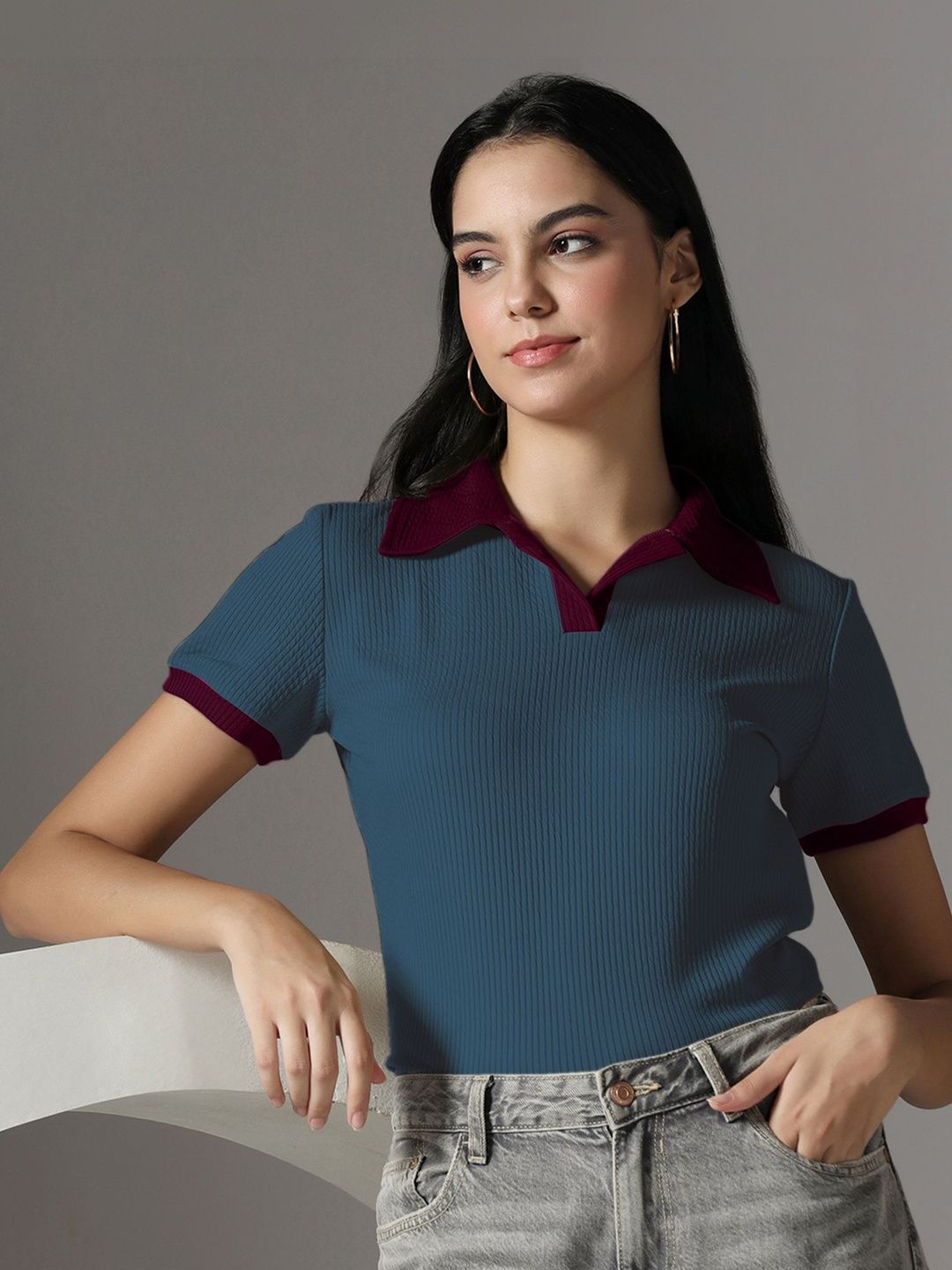 Short Sleeve Dusty Blue Collar Top
