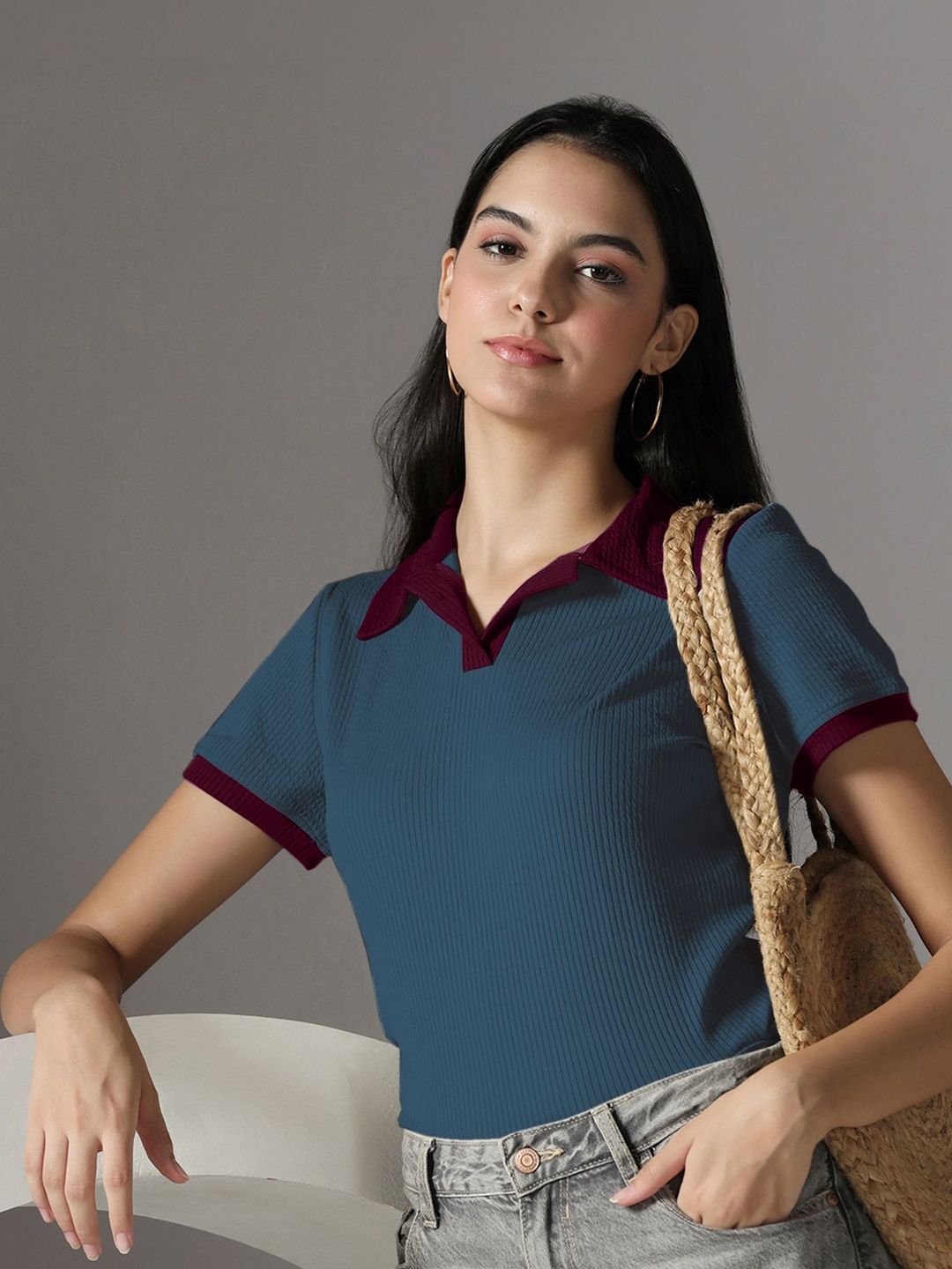 Short Sleeve Dusty Blue Collar Top 4