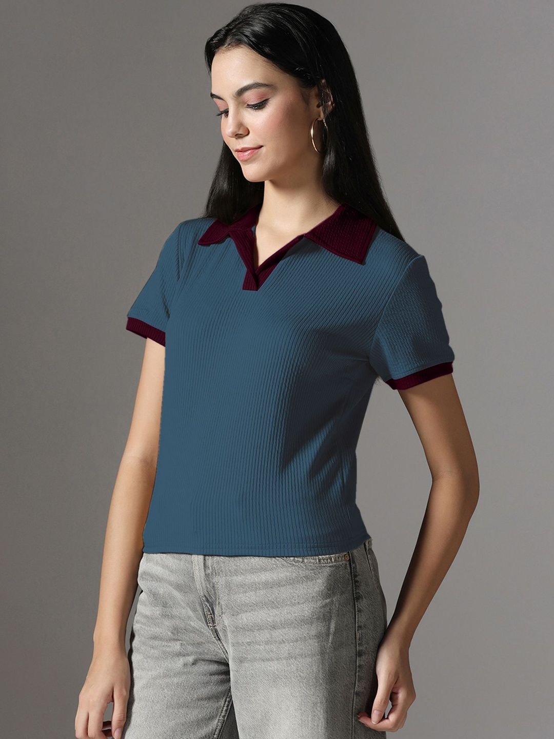 Short Sleeve Dusty Blue Collar Top 3