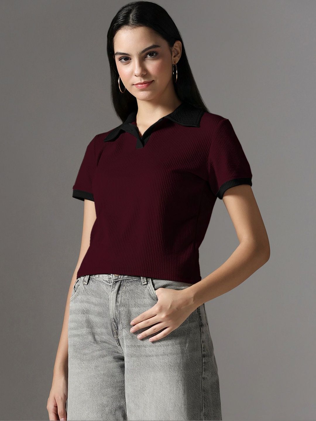 Short Sleeve Maroon Collar Top 5