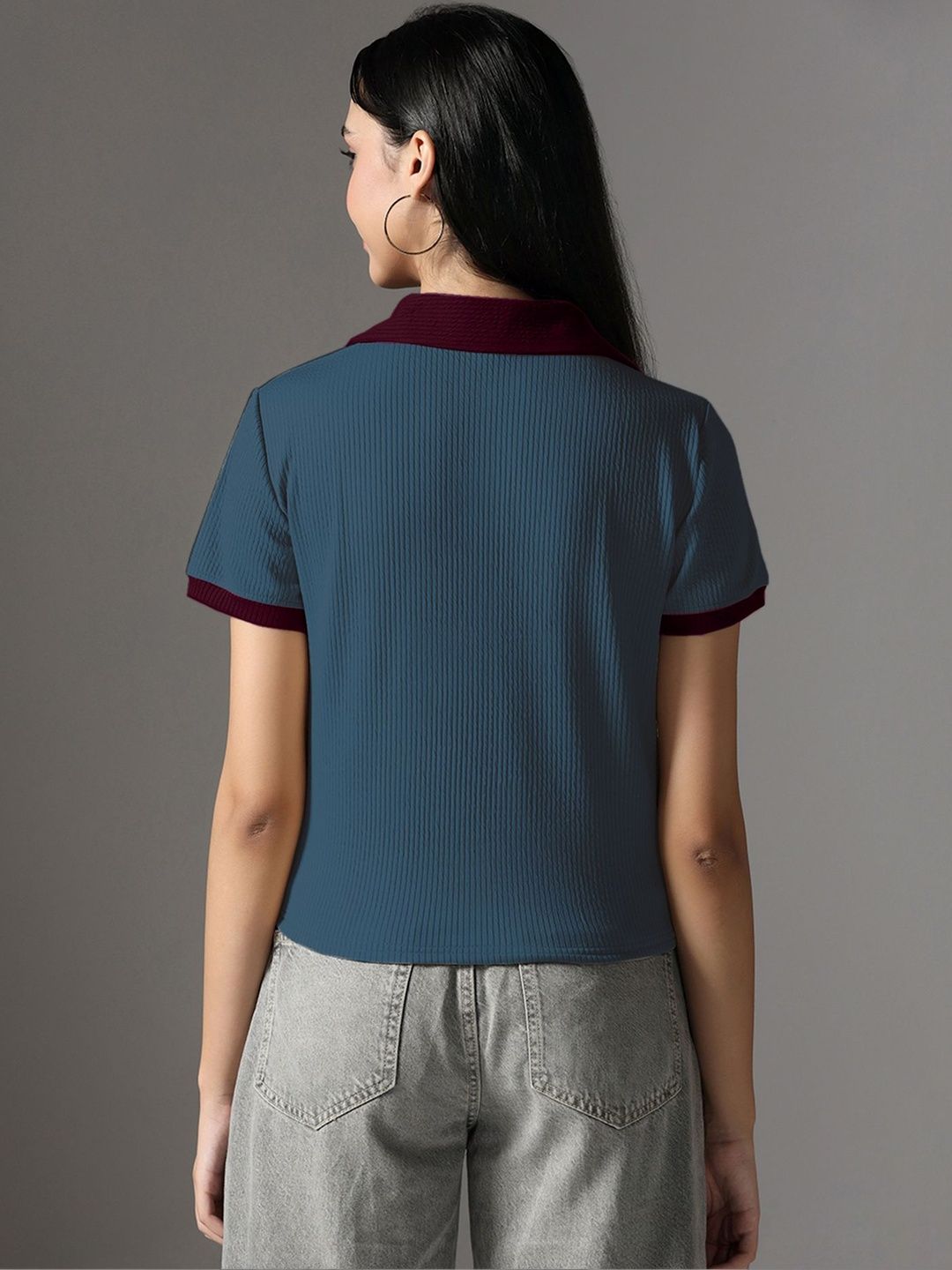 Short Sleeve Dusty Blue Collar Top 2
