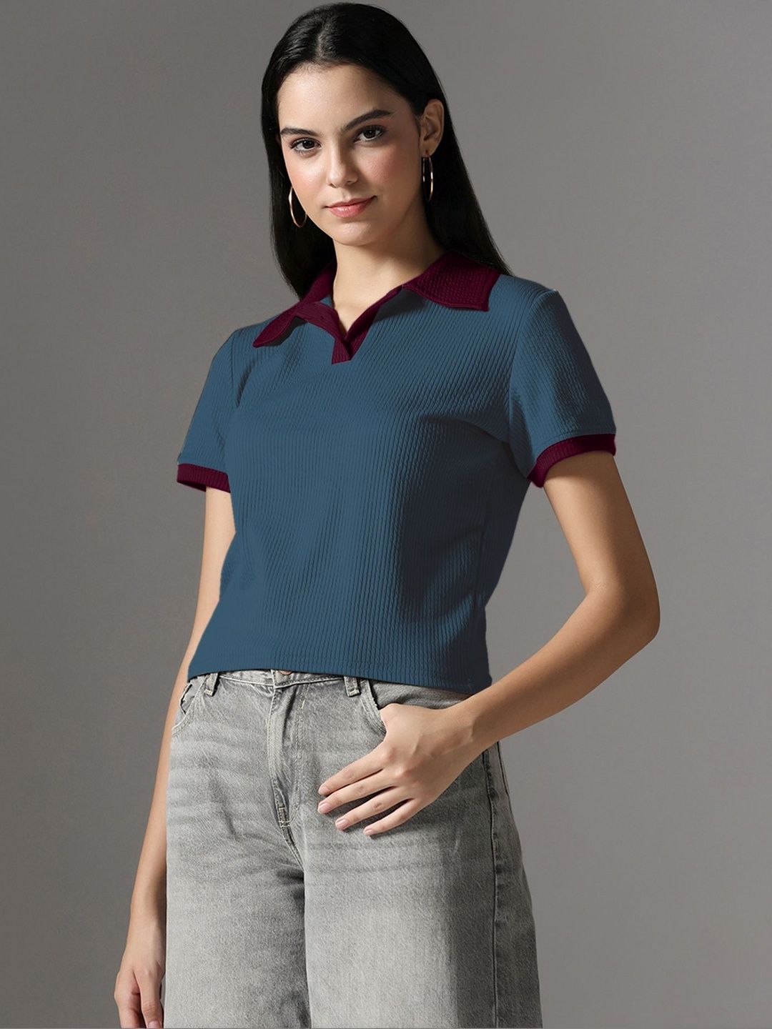 Short Sleeve Dusty Blue Collar Top 5