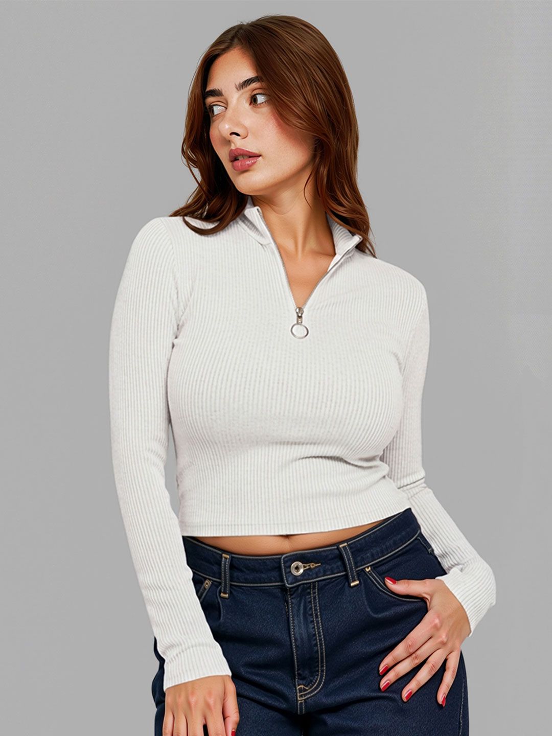 Dream Beauty Fashion Women Ribbed Round Neck  Long Sleeves Top