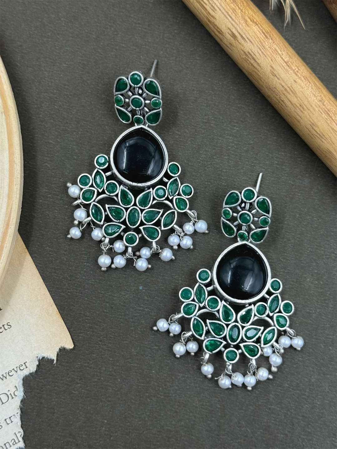 NAMAN ARTS T Silver-Plated Stones Studded & Beaded Contemporary Drop Earrings