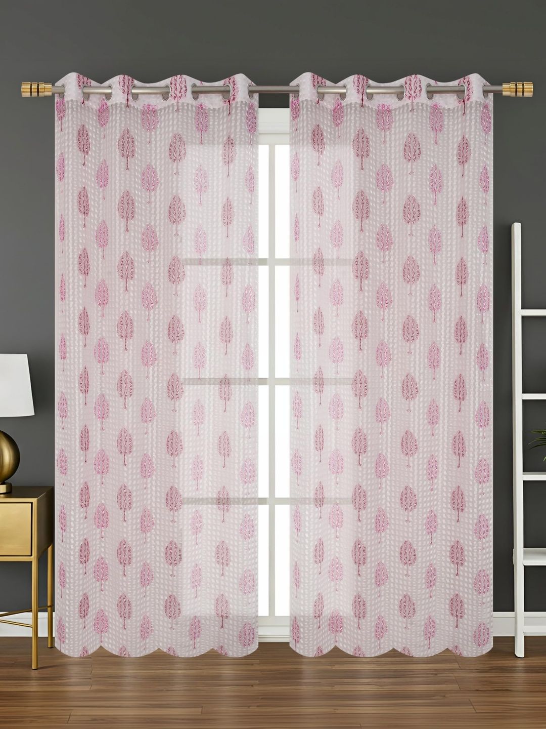 YUKANY Pink & Multicoloured Set of 2 Floral Sheer Long Door Curtain
